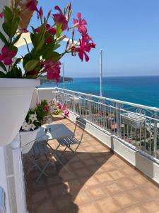 a balcony with flowers and a view of the ocean at BlueMind in Tropea
