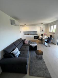 un salon avec un canapé noir et une cuisine dans l'établissement Apartman Ana, à Sveti Anton