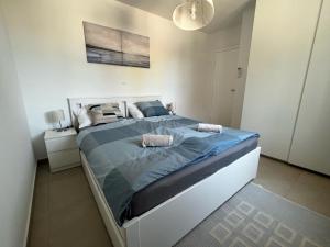 ein Schlafzimmer mit einem großen Bett mit blauer Bettwäsche und Kissen in der Unterkunft Apartman Ana in Sveti Anton