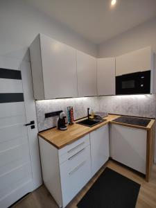 a small kitchen with white cabinets and a sink at Apartament Szczecin in Szczecin
