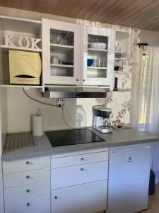 een keuken met witte kasten en een aanrechtblad bij Stuga på Öland in Algutsrum