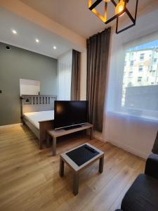 a living room with a bed and a tv and a table at Apartament Szczecin in Szczecin
