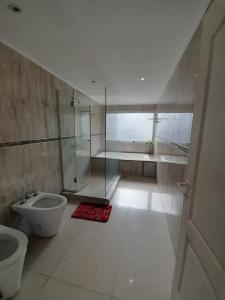 a bathroom with a shower and a sink and a toilet at a termas voy in Termas de Río Hondo +36 photos