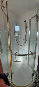 a shower with a glass enclosure in a bathroom at Rosehill Beach in Hemsby