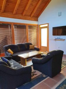 ein Wohnzimmer mit Sofas, einem Tisch und einem TV in der Unterkunft Vikendica Twins in Donji Vakuf