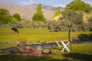 un dipinto di un tavolo da picnic con attrezzi su un campo di Bikamp Camp Leh Ladakh a Leh