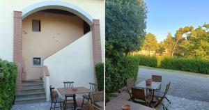 - deux photos d'un patio avec une table et des chaises dans l'établissement Appartamento con piscina Il Borghetto - vicino San Gimignano, à Gambassi Terme