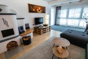 een woonkamer met een bank en een open haard bij Apartment ARGENTIS Krumas-Living - Kronplatz in San Vigilio Di Marebbe