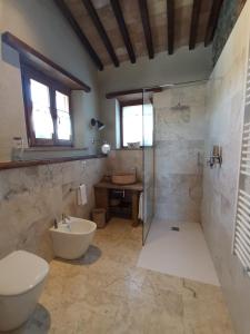 uma casa de banho com um chuveiro, um WC e um lavatório. em Casa al Maestro B&B em Radicofani