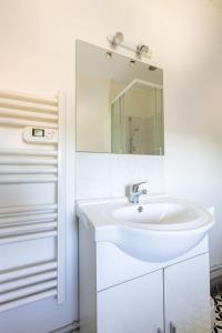 a white bathroom with a sink and a mirror at Le Studio d'Isa in Seigy