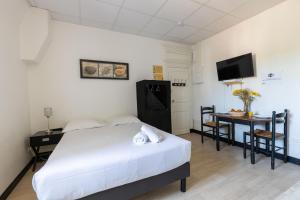 a bedroom with a bed and a desk and a tv at Le Studio d'Isa in Seigy
