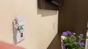 un interrupteur sur un mur à côté de quelques fleurs violettes dans l'établissement Pousada Santa Inês, à Cachoeira Paulista