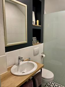 a bathroom with a sink and a toilet and a mirror at Marko&Luka in Sinj