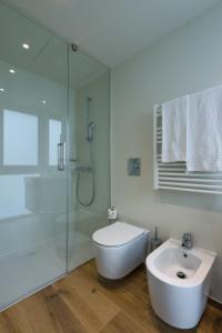 uma casa de banho com um WC, um lavatório e um chuveiro em Modern Studios Mendrisio em Mendrisio