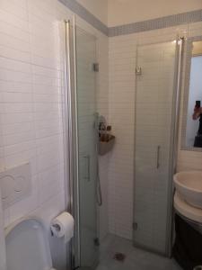 a bathroom with a shower and a toilet and a sink at Casetta Iacono camera Pithecusa in Ischia