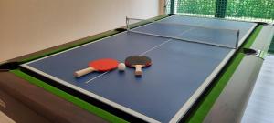 eine Tischtennisplatte mit zwei Tischtennisbällen darauf in der Unterkunft Willa Jarmar in Brenna