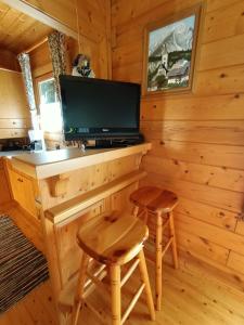 Blockhaus mit einem TV und zwei Hockern in der Unterkunft Ferienhaus Hanni in Unterburg