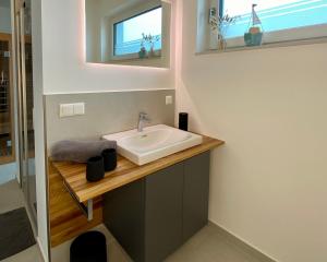 a bathroom with a sink and a mirror at Sonnendeck Rügen in Lohme +20 photos