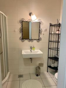 a bathroom with a sink and a mirror at Apartments Taci in Bled