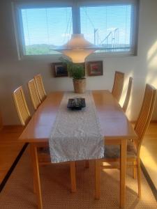 a dining room table with chairs and a light fixture at Malminranta in Savonlinna