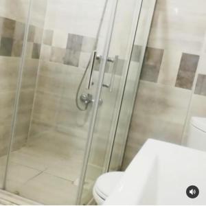 a bathroom with a shower and a toilet at Yağız İndigo Blue in Şile