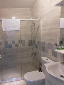 a bathroom with a shower and a toilet and a sink at Yağız İndigo Blue in Şile