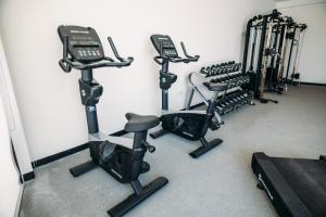 a row of tread machines in a gym at Relaxing villa with access to pool and beach in Ras al Khaimah