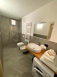 bagno con 2 servizi igienici, lavandino e specchio di Casa Fabiolin a Daiano