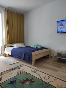 Un dormitorio con una cama y un televisor en una pared. en Apartament Centrum u Marianny, en Częstochowa