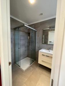 La salle de bains est pourvue d'une douche en verre et d'un lavabo. dans l'établissement InStudio Suances, à Suances