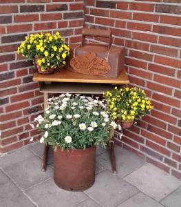 two potted plants on a bench next to a brick wall at Ferienwohnung Kröger in Rhede