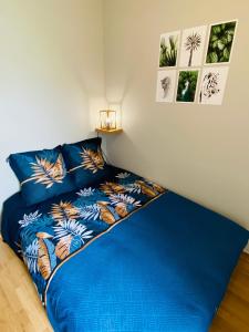 Bett in einem Zimmer mit blauer Bettwäsche und Bildern an der Wand in der Unterkunft Esprit Cosy Centre Ville in Roanne
