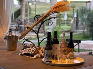 a group of wine bottles and glasses on a table at Gatto Bianco Tizzauli in Montespertoli