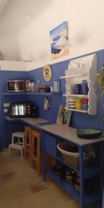 a kitchen with blue walls and a blue counter top at Bienvenue à la Source dans une Maison de Charme in Apt