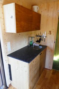 uma cozinha com um lavatório num chalé de madeira em Garnecker Freiheit em Reut