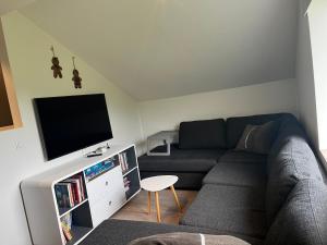 a living room with a couch and a flat screen tv at Akureyri - cabin with an amazing view in Akureyri