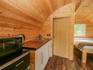 a log cabin kitchen with a sink and a bed at Pod 1 in Seascale