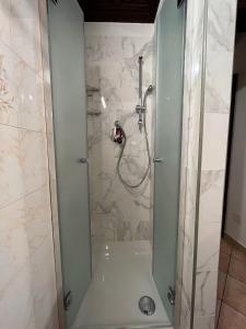 W łazience znajduje się prysznic ze szklanymi drzwiami. w obiekcie B&B Ca' Cammello w mieście Ferrara
