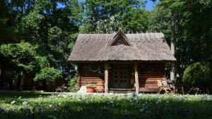 une petite cabane en rondins avec toit de chaume dans l'établissement Veski Aida Holiday Home, à Käina