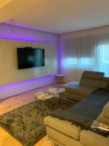 een woonkamer met een bank en een tv bij Gray Apartments in Strumica