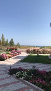 a brick walkway with flowers in a park at Берег in Bosteri