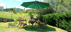 a table and chairs with a green umbrella in a yard at La Casuca Azul in Ruiloba