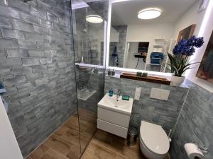 a bathroom with a shower and a toilet and a sink at Seemannsbraut in Kellenhusen +24 photos