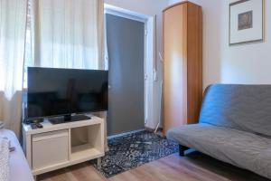 een woonkamer met een flatscreen-tv en een bank bij Kleines Souterrain Apartment direkt am Park in Wiesbaden