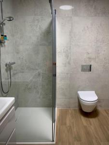 uma casa de banho com um chuveiro e um WC. em APARTAMENT SARBINOWO Z OGRÓDKIEM em Sarbinowo