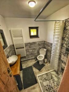 a bathroom with a toilet and a sink at Casa Her in Galaţi +44 photos