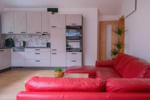 uma sala de estar com um sofá vermelho e uma cozinha em "Haus am Illufer" Ihr Smart-Alpin-Home in Bludenz em Bludenz