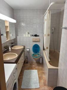 インターラーケンにあるSAVOY 26のバスルーム(青いシート付きトイレ付)