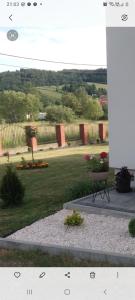 - une vue sur un parc avec un banc dans la pelouse dans l'établissement Noclegi U Janusza 536-310-384, à Polańczyk