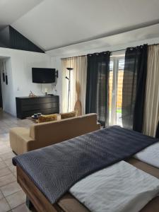 a bedroom with a bed and a couch and a television at Nordsee Cottage Ava in Niebüll